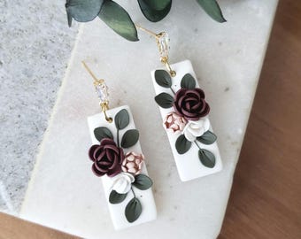 Polymer Clay Floral Earrings Romantic Clay Earrings Dangle Floral Rectangle Earrings Clay Valentine's Earrings Handmade Clay Earrings