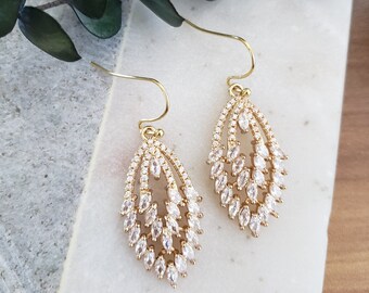 Gold Cubic Zirconia Marquise Dangle Earrings| CZ Leaf Earrings|  Gold Dangle Earrings| Christmas Gold Earrings Dangle| Dangle Earrings Women