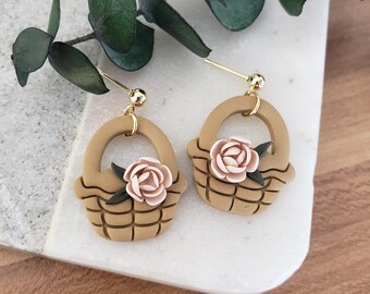 Polymer Clay Floral Easter Basket Earrings| Floral Polymer Clay Earrings| Spring Clay Earrings| Handmade Clay Earrings| Clay Easter Earrings