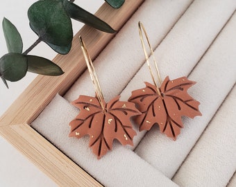Polymer Clay Maple Leaf Dangle Earrings| Boho Earrings| Floral Polymer Clay Earrings| Handmade Clay Earring| Clay Hoops| Fall Earrings