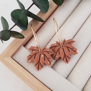 Polymer Clay Maple Leaf Dangle Earrings| Boho Earrings| Floral Polymer Clay Earrings| Handmade Clay Earring| Clay Hoops| Fall Earrings