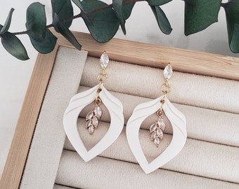 Polymer Clay Teardrop Shell Dangle Earrings| Clay Bridal Earrings| Floral Polymer Clay Earrings| Bridal Crystal Drop Earrings| Clay Earrings