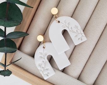 Polymer Clay Arch Leaf Dangle Earrings| Clay Leaf Earrings|  Polymer Clay Earrings| Floral Polymer Clay Earrings| Clay Bridal Earrings