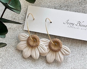 Polymer Clay Half Daisy Hoop Earring| Boho Earrings| Floral Polymer Clay Earrings| Handmade Clay Earrings| Sunflower Clay Hoops| Spring Clay