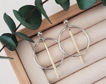 Minimalist Round Silver Hoop & Bar Dangle Earrings| Circle Hoop Bar Earrings| Circle Hoop Drop Earrings| Silver Hoops| Dangle Earrings Women
