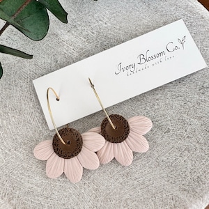 Polymer Clay Half Daisy Hoop Earring Boho Earrings Floral Polymer Clay Earrings Handmade Clay Earrings Sunflower Clay Hoops Spring Clay Pink/MediumBrown