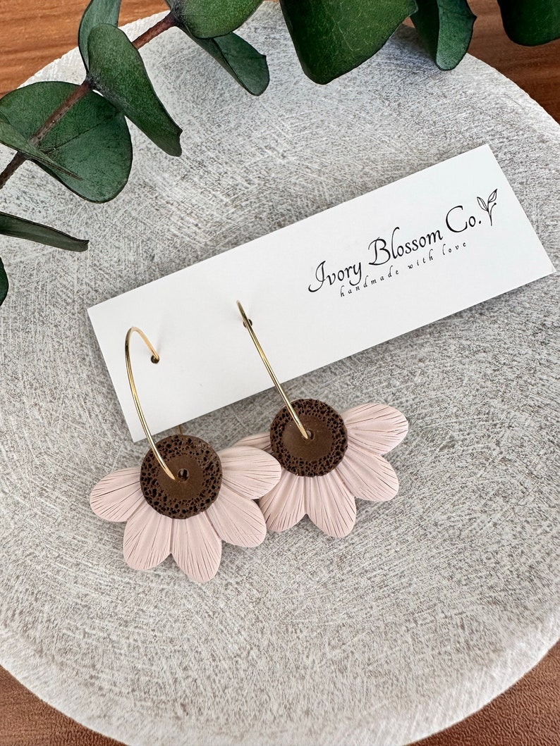 Polymer Clay Half Daisy Hoop Earring Boho Earrings Floral Polymer Clay Earrings Handmade Clay Earrings Sunflower Clay Hoops Spring Clay Pink/MediumBrown