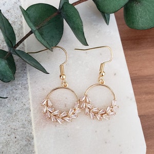 Gold Cubic Zirconia Wreath Dangle Earrings| Round CZ Baguette Earrings|  Gold Dangle Earrings| Gold Earrings Dangle| Dangle Earrings Women|