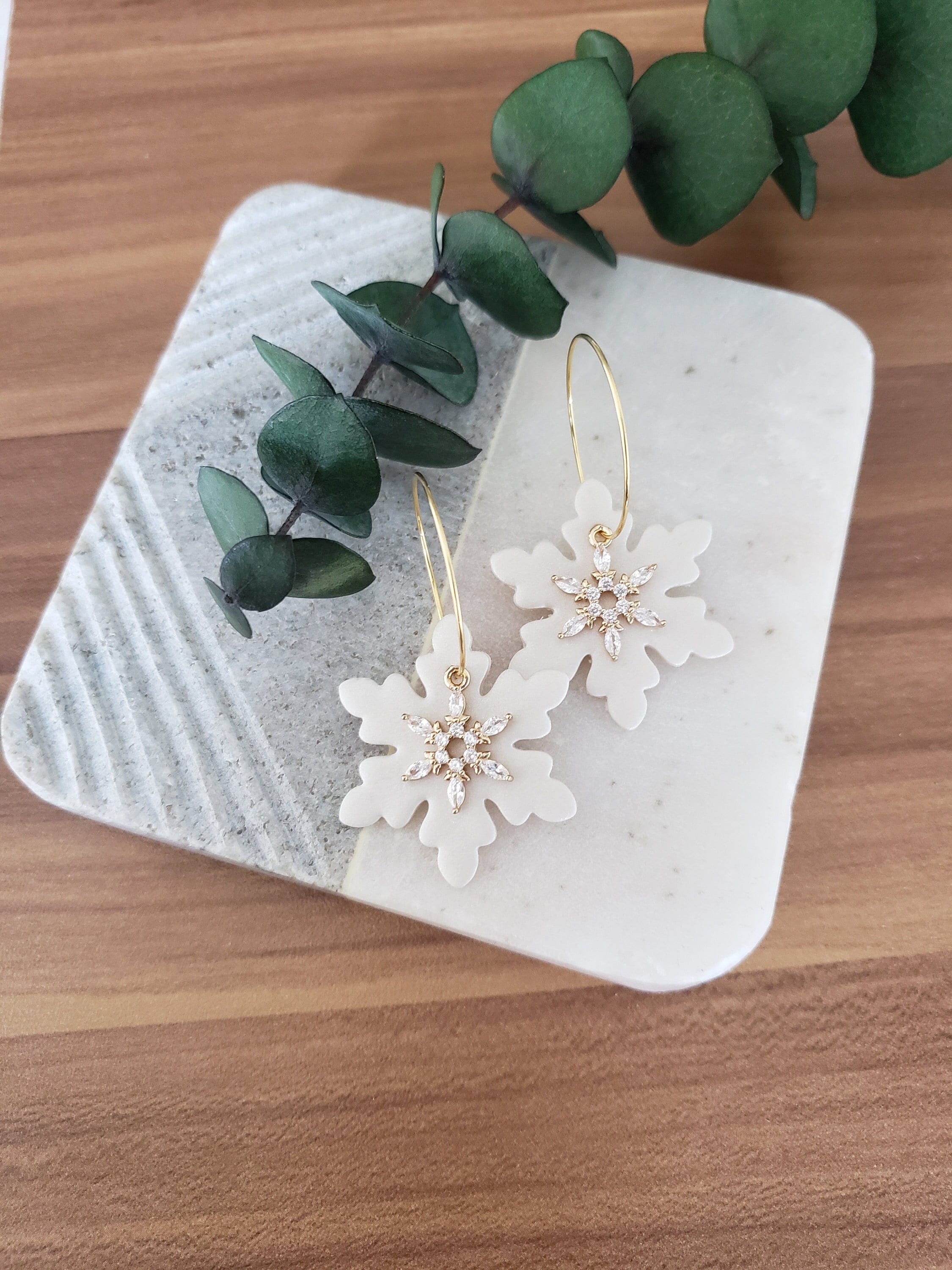 Polymer Clay CZ Snowflake Earrings| Boho Earrings Santa| Christmas Polymer Clay Earrings| Handmade Clay Earrings| Winter Clay Earrings