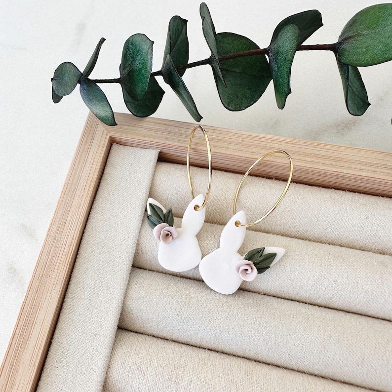 White Polymer Clay Floral Bunny Hoop Earrings - Perfect Easter Basket Stuffer or Spring Gift image 1