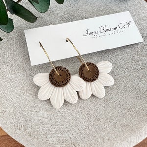 Polymer Clay Half Daisy Hoop Earring Boho Earrings Floral Polymer Clay Earrings Handmade Clay Earrings Sunflower Clay Hoops Spring Clay White/MediumBrown