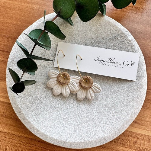 Polymer Clay Half Daisy Hoop Earring| Boho Earrings| Floral Polymer Clay Earrings| Handmade Clay Earrings| Sunflower Clay Hoops| Spring Clay