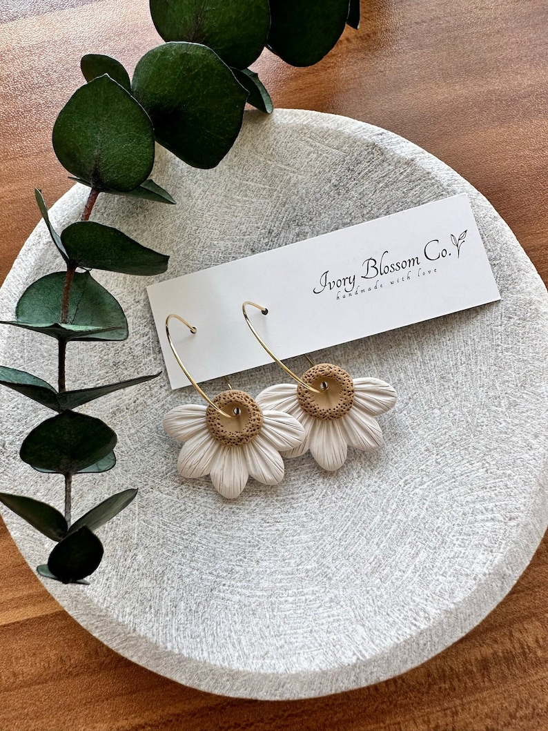 Polymer Clay Half Daisy Hoop Earring Boho Earrings Floral Polymer Clay Earrings Handmade Clay Earrings Sunflower Clay Hoops Spring Clay Ivory/LightBrown
