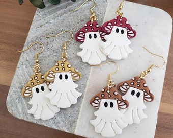 Polymer Clay Mushroom Ghost Dangle Earrings| Boho Earrings| Fall Polymer Clay Earrings| Handmade Clay Earring| Halloween Clay Earrings