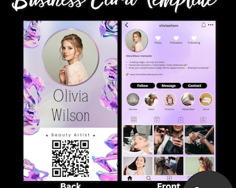 Modèle de carte de visite Canva, nouveau modèle de carte de visite Instagram pour artistes-coiffeurs, rose, onglerie, modèles de code QR.