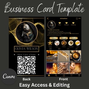 Carte de visite Instagram 2025, modèles de carte de visite modifiables noirs, modèle de toile de carte de visite Instagram, modèle de soin de la peau, carte de code QR