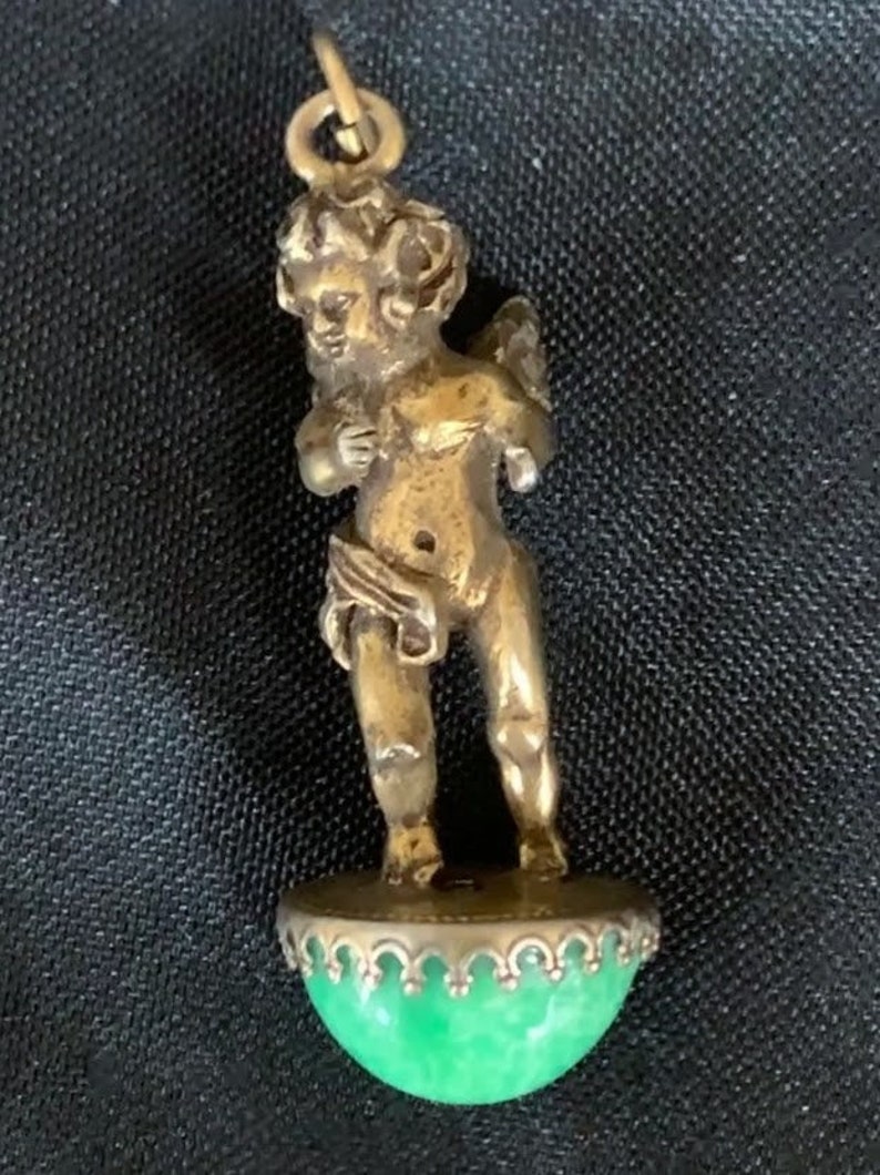 RARE Vintage Cherub On Green Art Glass Cabochon Pendant Bronze 1920s image 6