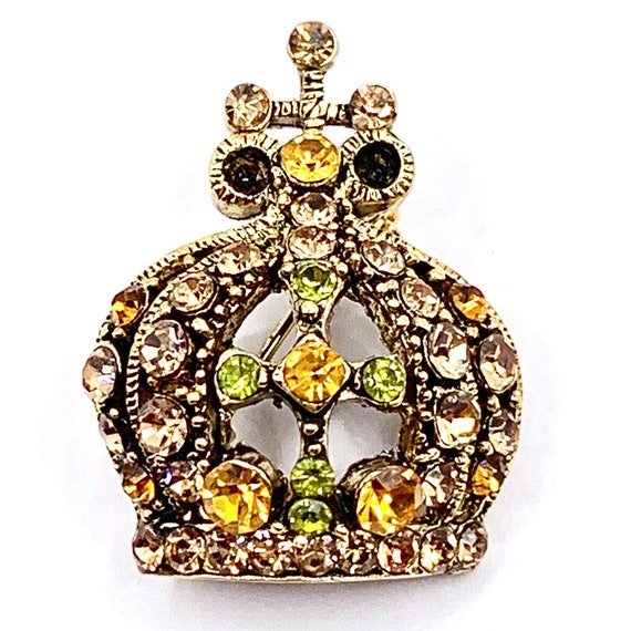 Cute Vintage Citrine Rhinestone Gold Tone Crown -… - image 3