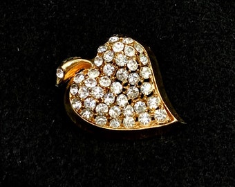 Vintage Leaf Heart Rhinestone Brooch Pin