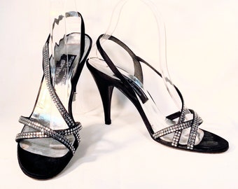 Vintage 1990s Stuart Weitzman Stiletto Sandals - Black Satin w/Rhinestones, sz 7.5