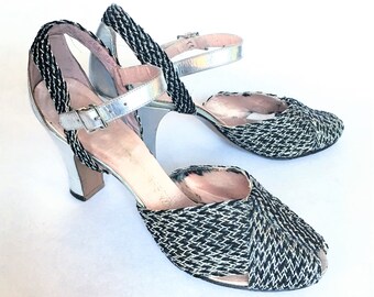 1940s Black & Silver Peep-Toe Sandals - "Bon Marche" sz. 6-1/2