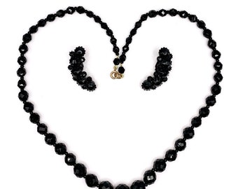 Vintage Black Glass Faceted Bead Necklace & Black Crystal Clip Earrings (Karu) - Mourning Set