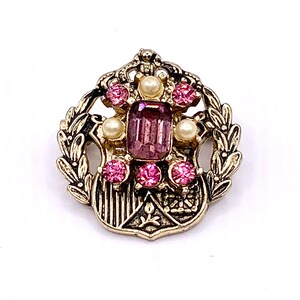 Vintage Coro Shield/Laurel Wreath Pin w/Pink & Purple Rhinestones, Pearls