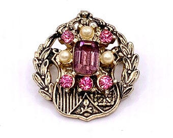 Vintage Coro Shield/Laurel Wreath Pin w/Pink & Purple Rhinestones, Pearls