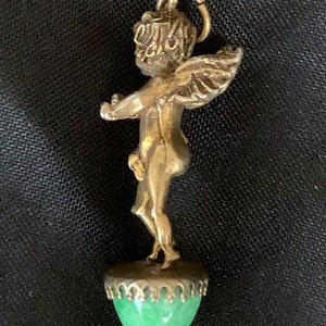 RARE Vintage Cherub On Green Art Glass Cabochon Pendant Bronze 1920s image 3