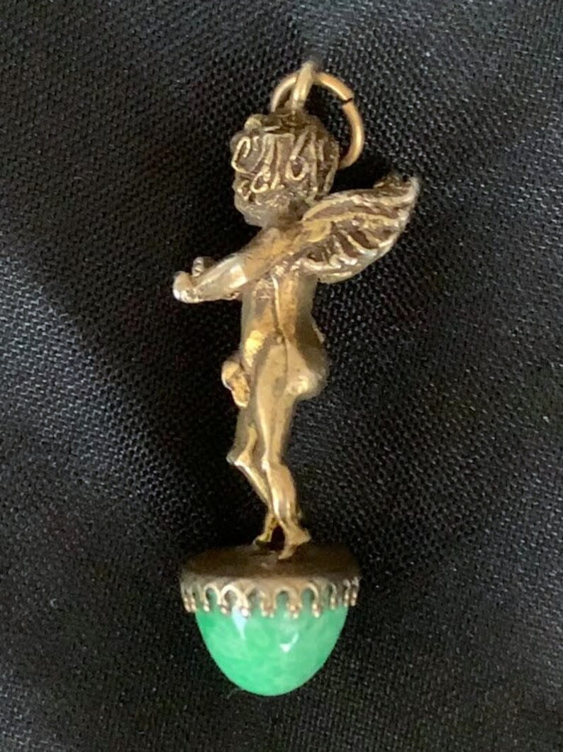 RARE Vintage Cherub On Green Art Glass Cabochon Pendant Bronze 1920s image 3