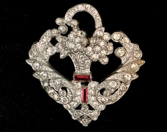 Gorgeous Vintage Art Deco Flower Basket Dress Clip - Clear & Ruby Red Rhinestones