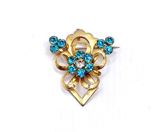 Vintage Pin/Pendant - Gold Plated w/Blue Rhinestones - Art Nouveau/Art Deco Style