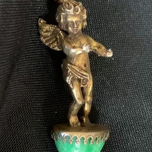 RARE Vintage Cherub On Green Art Glass Cabochon Pendant Bronze 1920s image 1