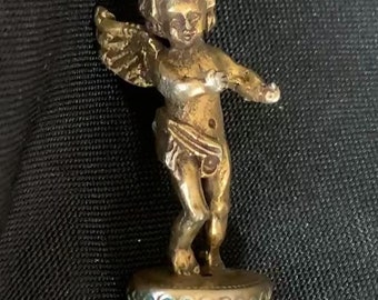 RARE Vintage Cherub On Green Art Glass Cabochon Pendant - Bronze - 1920s