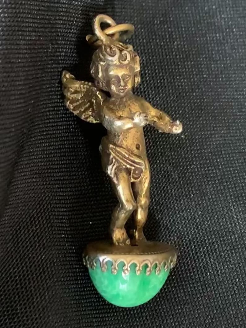 RARE Vintage Cherub On Green Art Glass Cabochon Pendant Bronze 1920s image 1