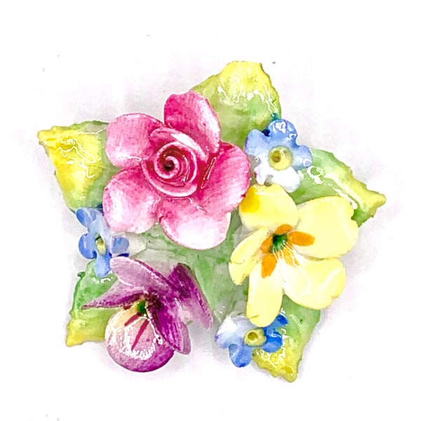 Vintage Porcelain Bone China Flower Brooch Pin - Signed Artone - Hand Crafted in England - Rose, Pansy, Primrose, Forget-Me-Nots