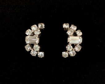 Vintage Crescent Rhinestone Earrings - Screwback - Signed "By Gale" - Baguette & Round Stones