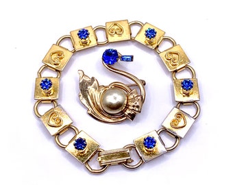 Vintage Van Dell Swan Brooch & Vintage Bracelet w/Scroll Hearts - Gold Tone w/Blue Rhinestones