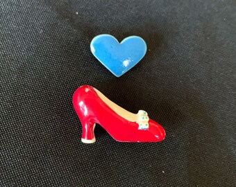 Vintage Ceramic Blue Heart & Red Shoe Pins - 1990s