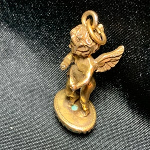 RARE Vintage Cherub On Green Art Glass Cabochon Pendant Bronze 1920s image 8