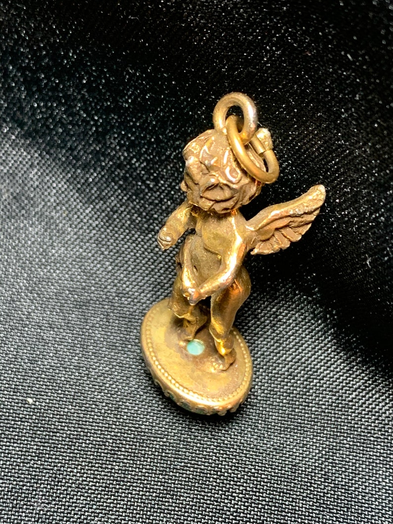 RARE Vintage Cherub On Green Art Glass Cabochon Pendant Bronze 1920s image 8