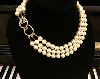 Vintage KJL Triple Strand Glass Faux Pearl Necklace - Lovely!