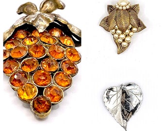 Trio of Vintage Dress Clips - Orange Rhinestones, Pearls, Silver Tone, Gold Tone