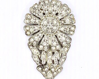 Art Deco Sunflower Dress Clip - Rhodium Plated w/Rhinestones - STUNNING!