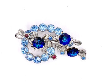 Vintage Blue Rhinestone Floral Swirl Brooch - A/B & Margarita Stones - Stunning!