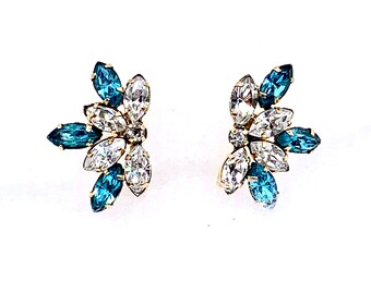 Vintage Screw Back Earrings - Zircon Blue & Clear Rhinestones, Gold Filled - Signed "Star-Art"