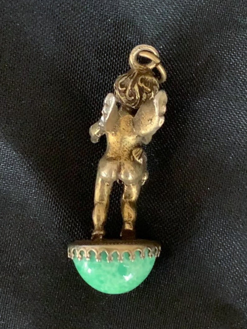 RARE Vintage Cherub On Green Art Glass Cabochon Pendant Bronze 1920s image 4