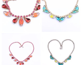 Vintage "Sabrina" Rhinestone Necklaces - Choose Pink/Orange or Blue/Green