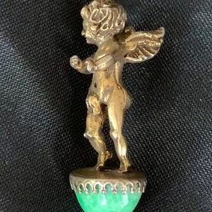 RARE Vintage Cherub On Green Art Glass Cabochon Pendant Bronze 1920s image 2