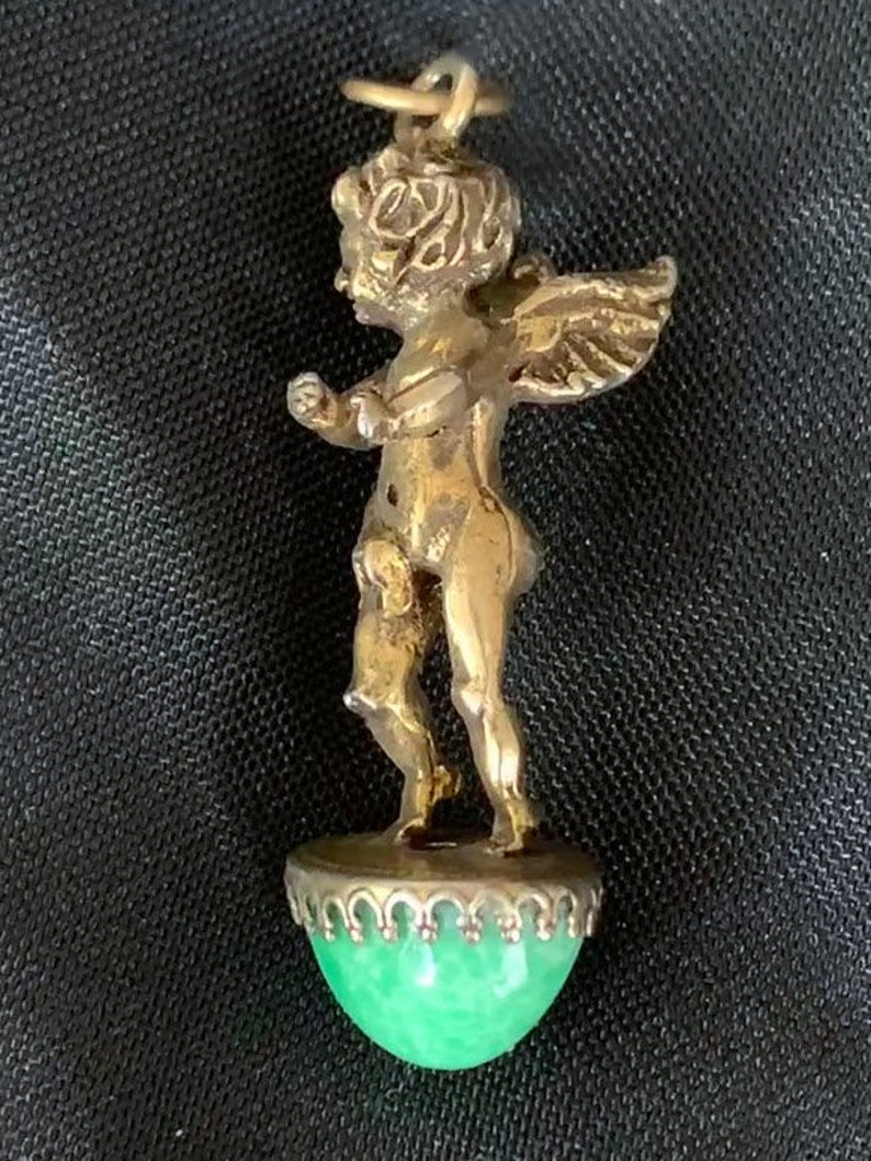 RARE Vintage Cherub On Green Art Glass Cabochon Pendant Bronze 1920s image 2